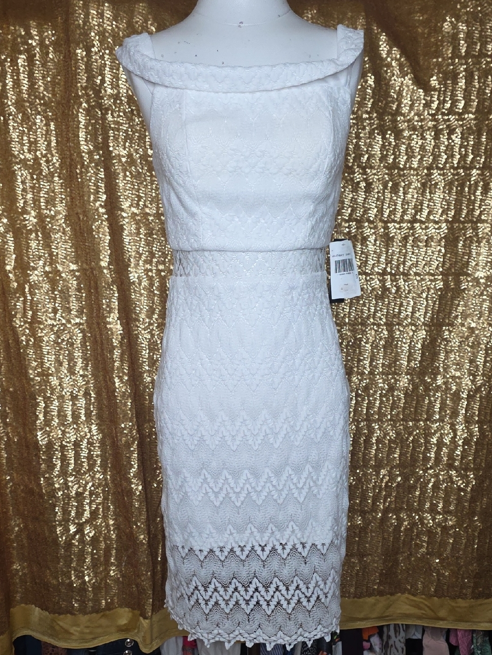 Jodi Kristopher White Lace Midi Dress with Boat Neck